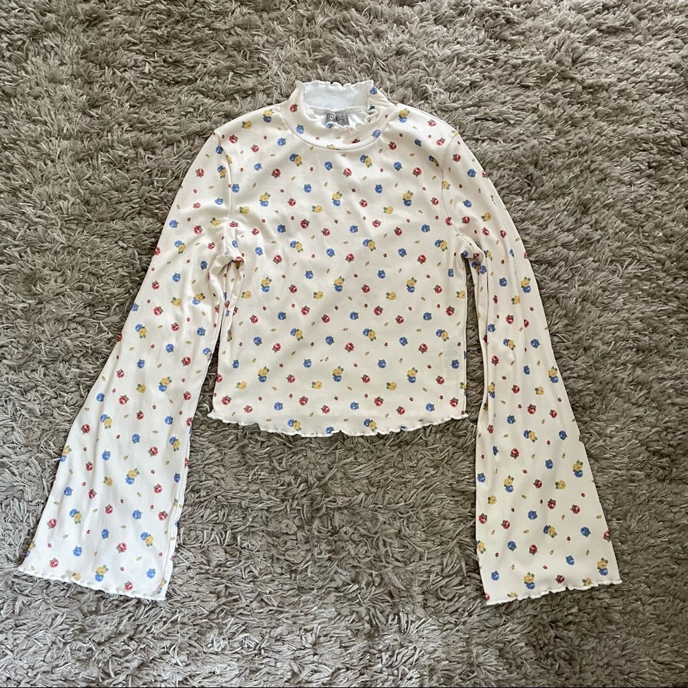 ASOS bell sleeve crop retro vintage style floral ribbed bell sleeve top sz 6